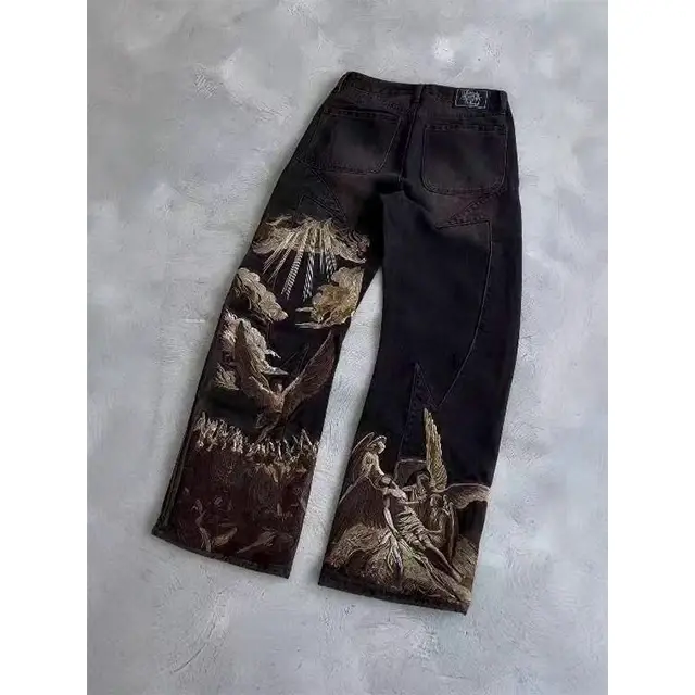 Thumbnail: Vintage Black Acid Washed Baggy Straight Leg Jeans Oversized Embroidery Denim