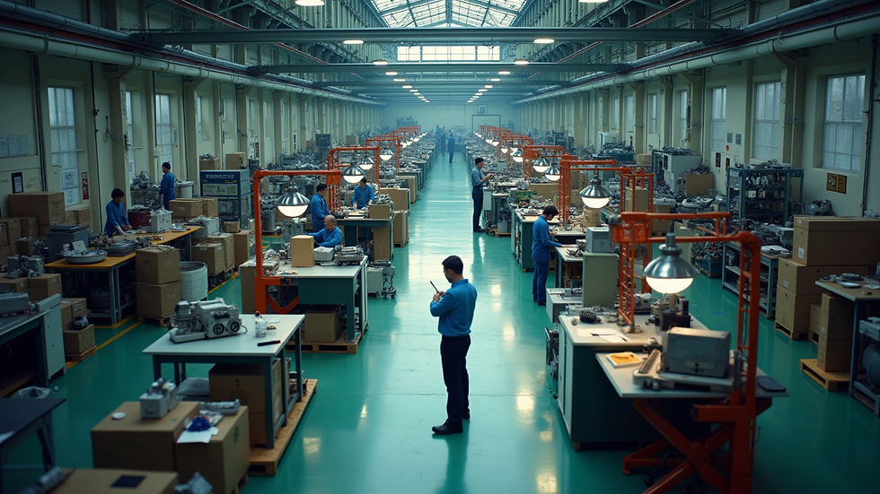 High angle view of a manufacturing floor with workers and machinery in operation