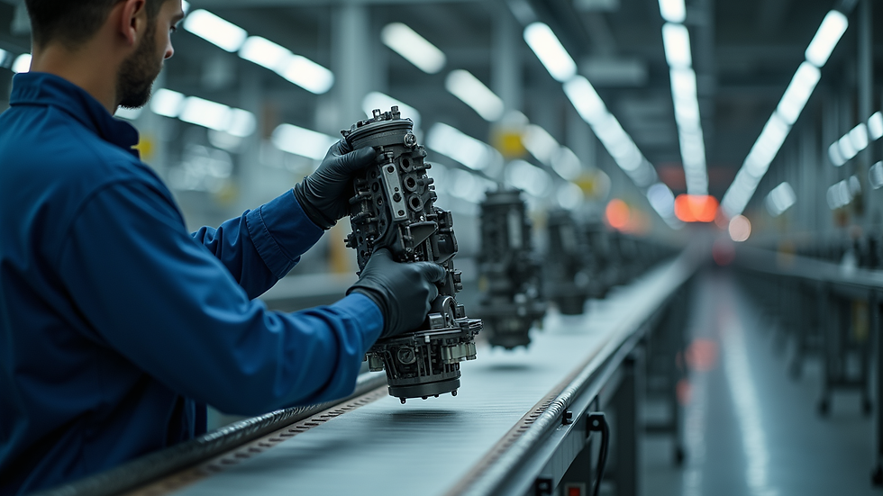 Close-up view of a technician inspecting automotive parts on a conveyor belt