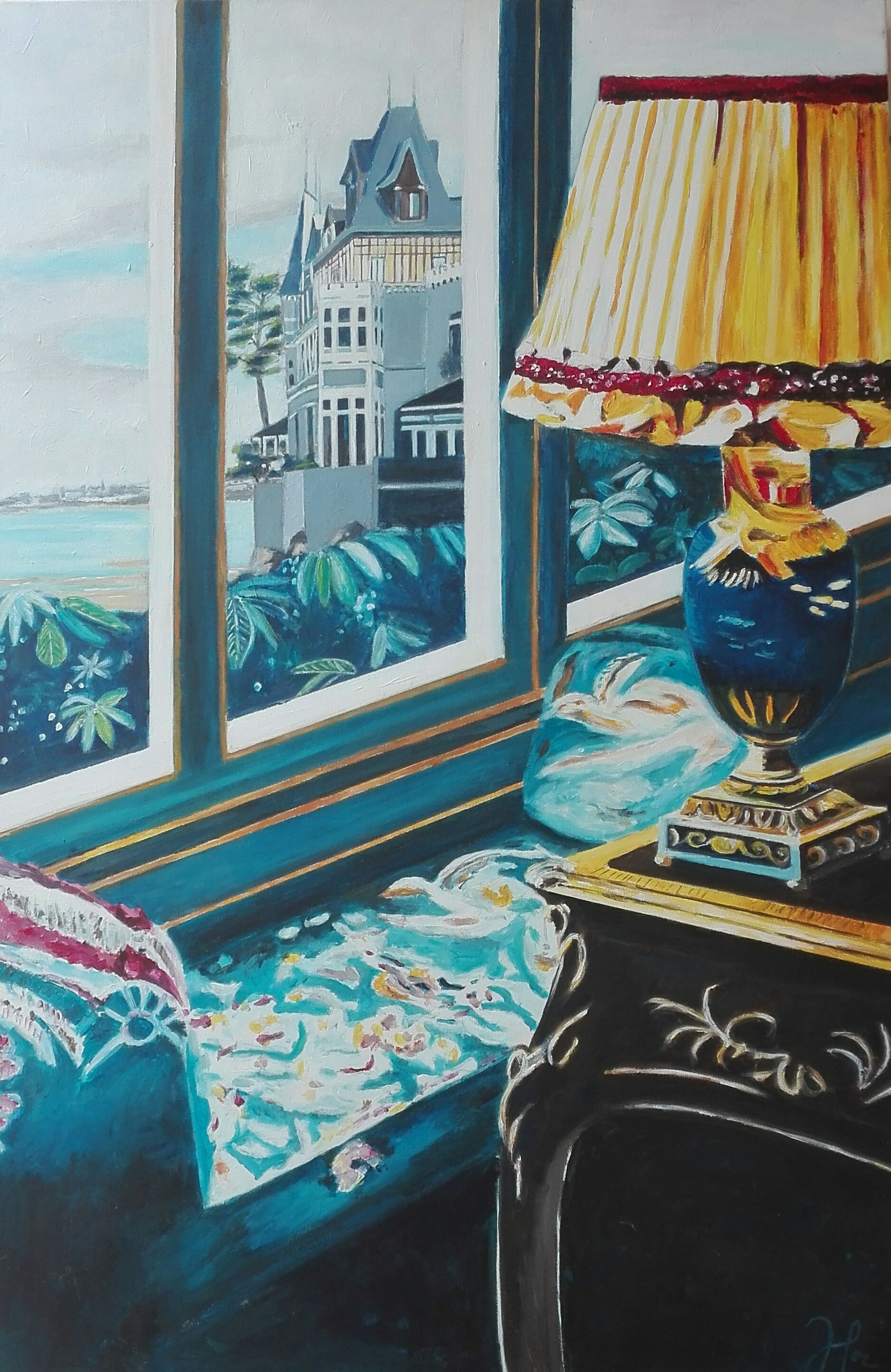 méridienne et lampe bleue