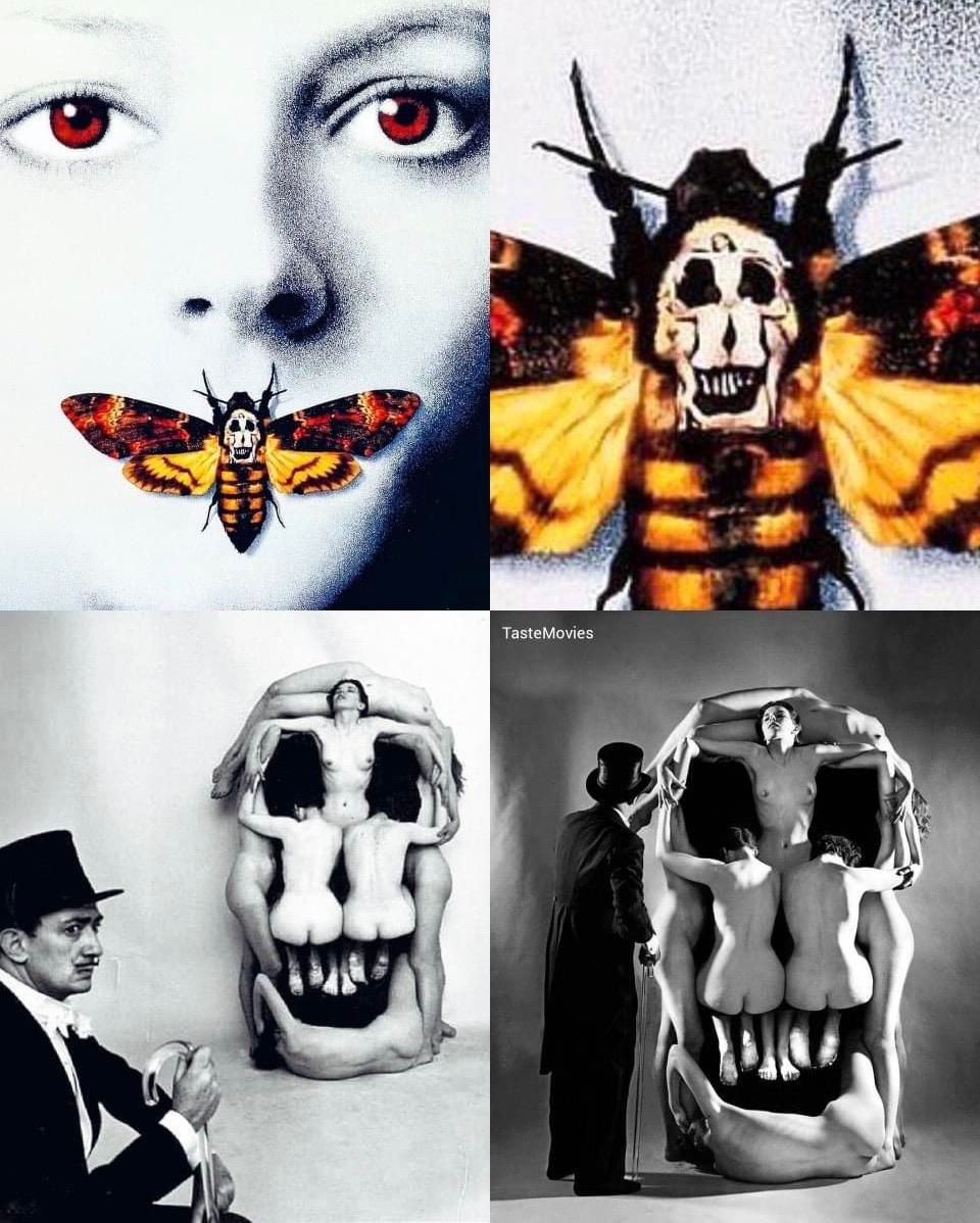 Top left: Promotional poster imagery from The Silence of the Lambs, Orion Pictures, 1991. Top right: Detail of the death’s-head hawkmoth motif used in The Silence of the Lambs poster.Bottom images: Philippe Halsman and Salvador Dalí, In Voluptas Mors, 1951.