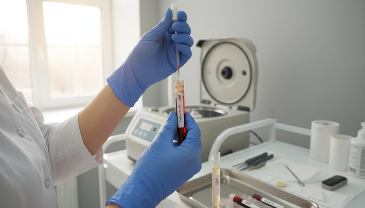 Close-up view of a clinician preparing a blood sample for autologous aesthetic treatment