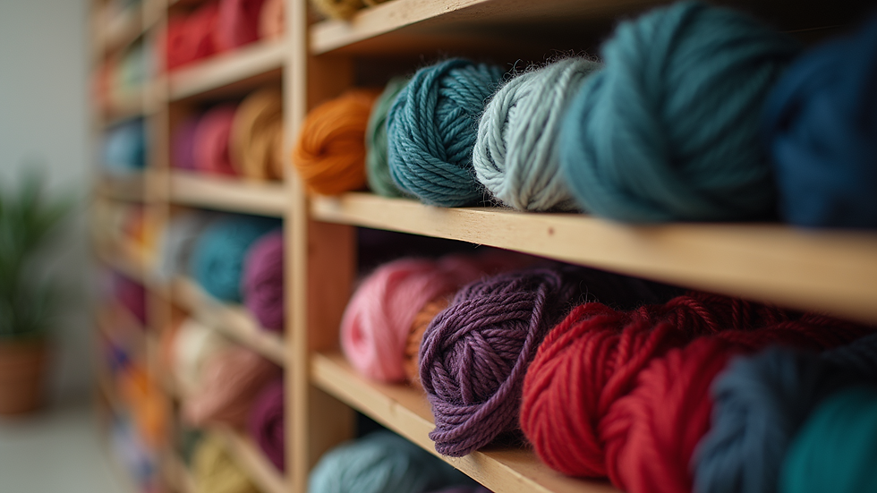 Eye-level view of a neatly organised yarn shelf with colourful skeins