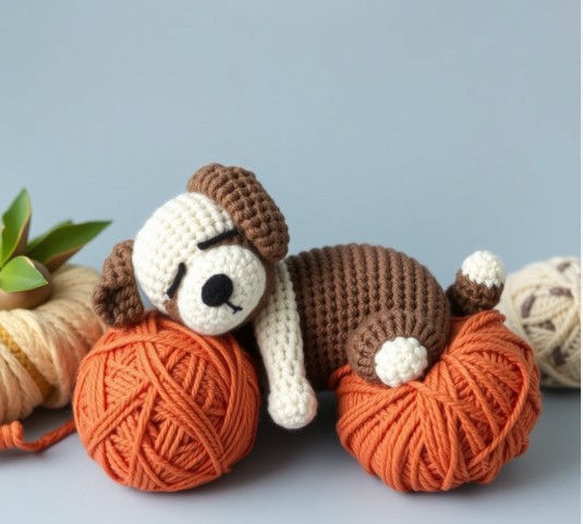A sleepy little crochet pup snoozing atop its favourite yarn pillows.