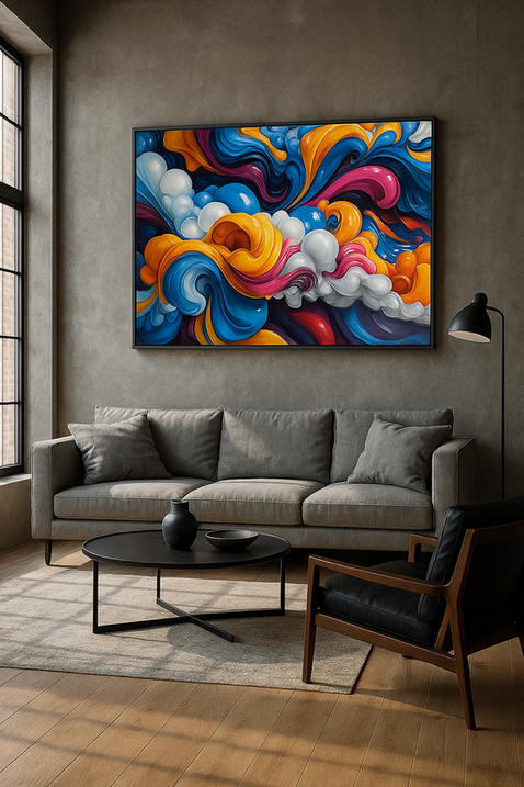 Gemälde mit bunten Wirbeln an Wohnzimmerwand über Sofa und Tisch. Wallyaa