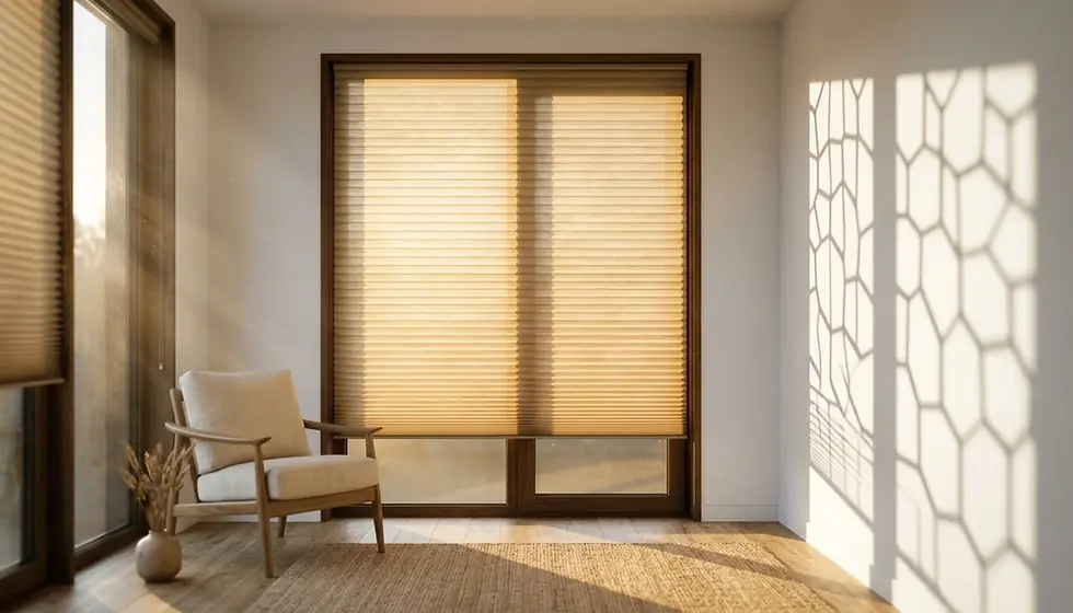 Custom made honeycomb window shades filtering golden afternoon sunlight in a modern coastal interior