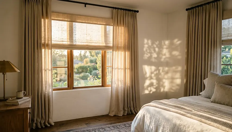 Layered roman shades and curtains at a bedroom window with golden sunlight filtering through, showing functional light control
