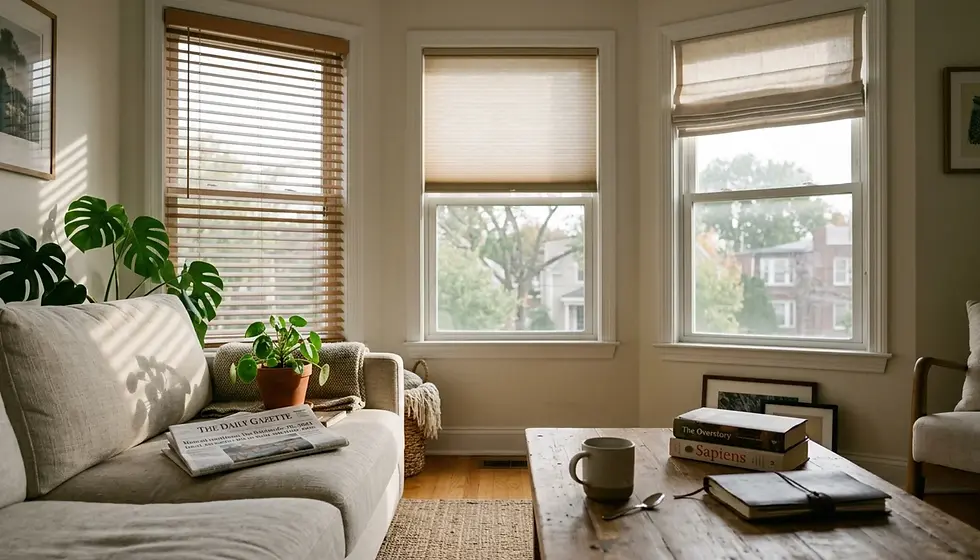 Different types of blinds services options displayed side by side in a bright naturally lit living room interior