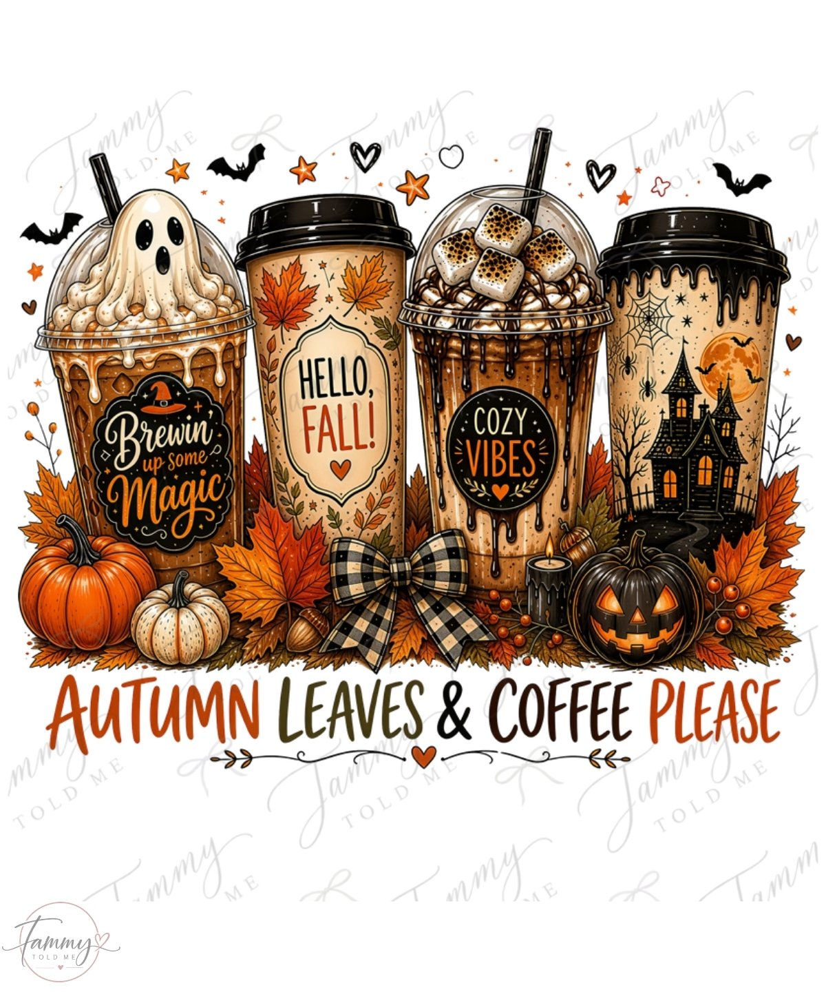 Autumn Leaves & Coffee Please PNG digital download design