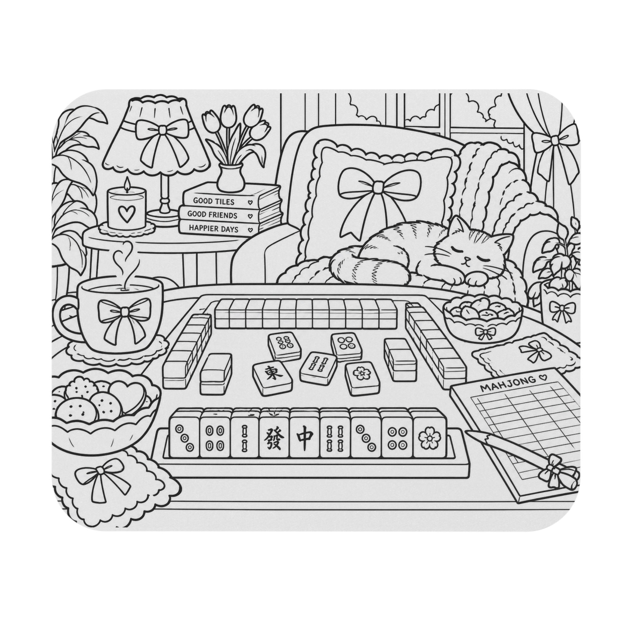 Cozy Mahjong Desk Mouse Pad — Cute Cat, Tea & Game Night Coloring Design