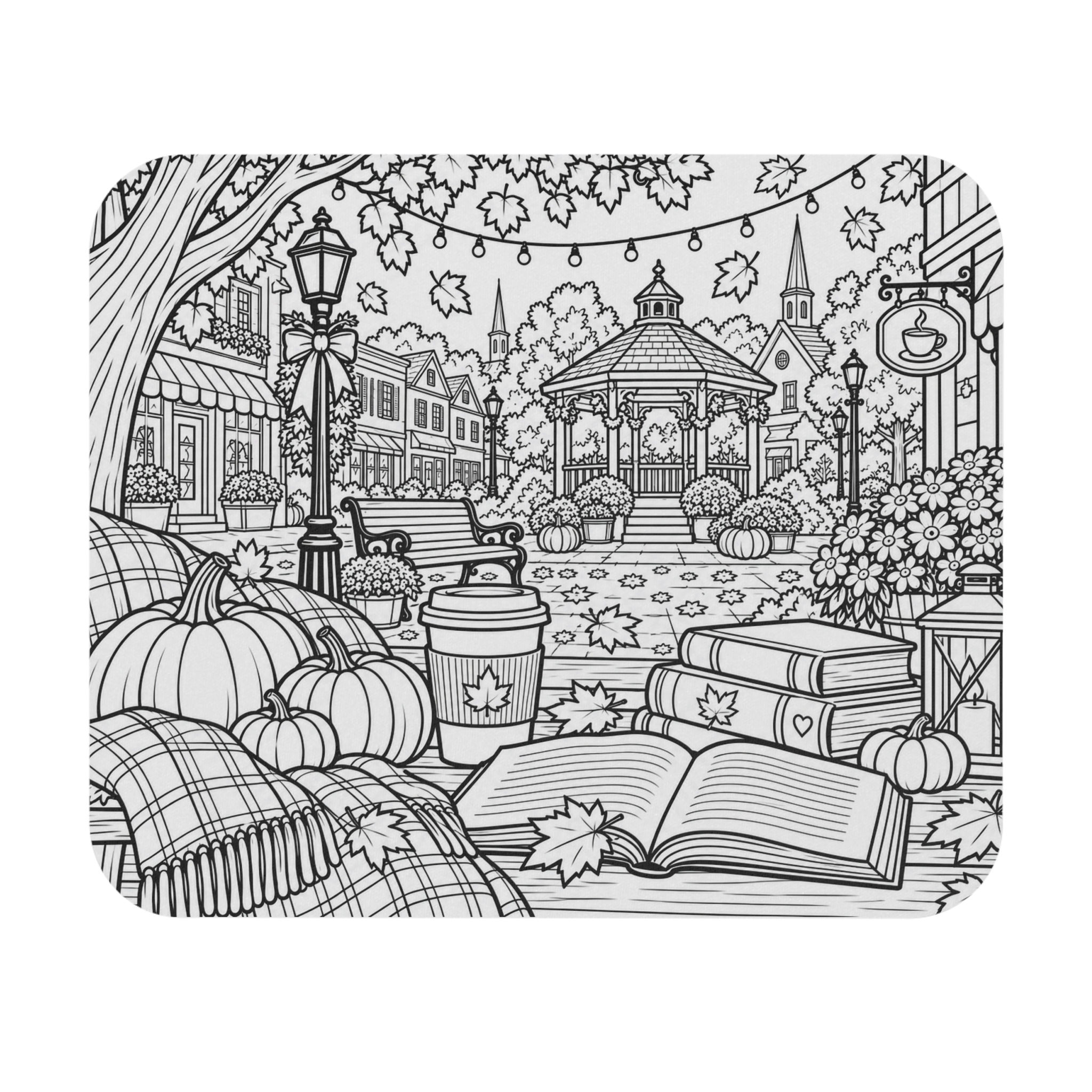 Autumn Coloring Scene Mouse Pad — Cozy Fall Park with Pumpkins & Books