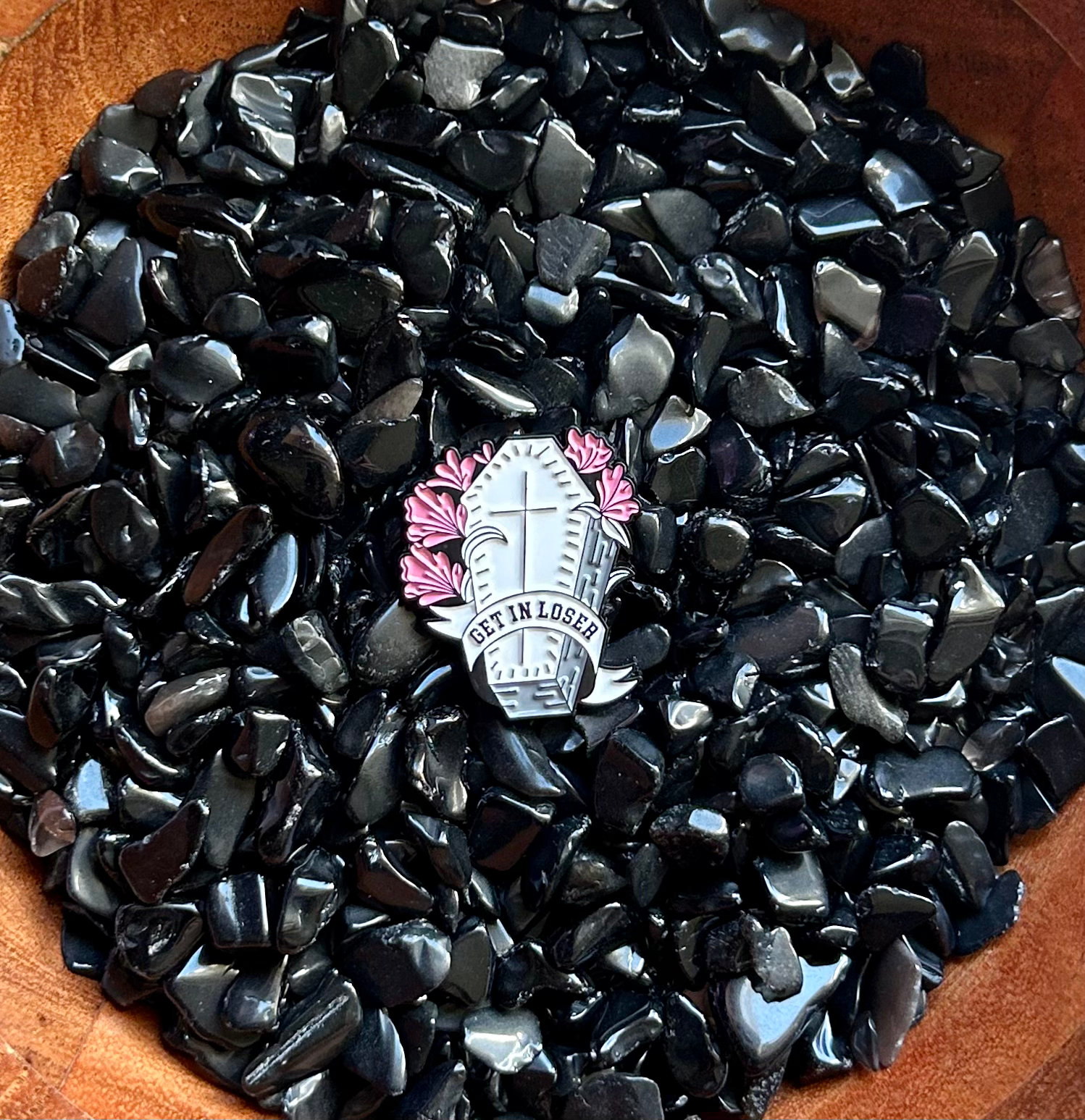 Get in loser coffin enamel pin