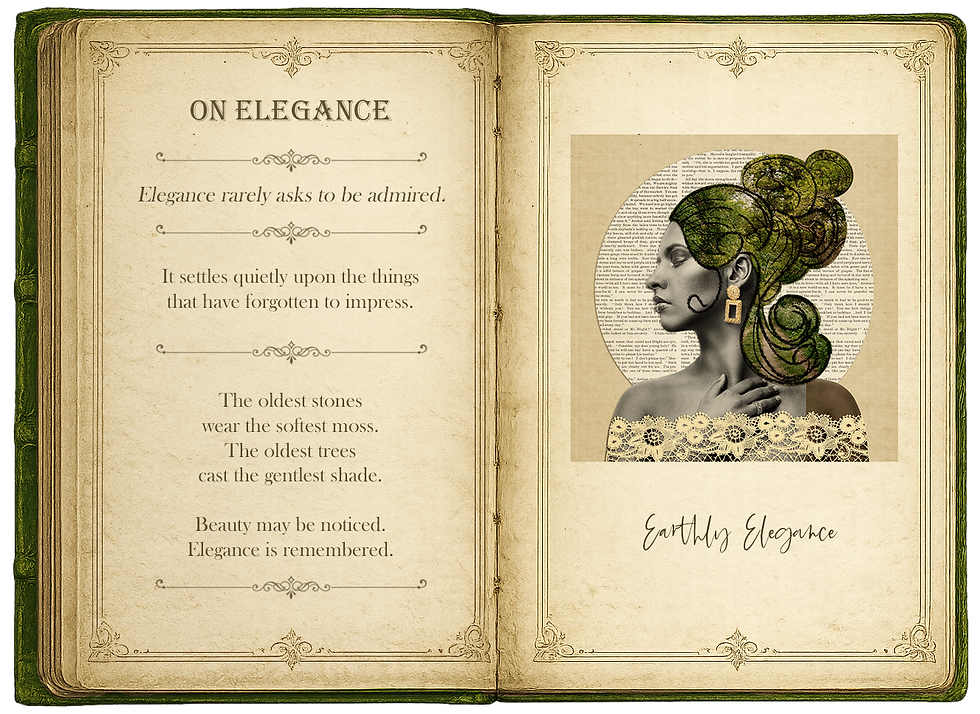 An old weathered book with a surreal illustration featuring a woman with an old forest, vintage lace and old book page titled Earthly elegance. The other page has text explaining the difference between beauty and elegance or grace.