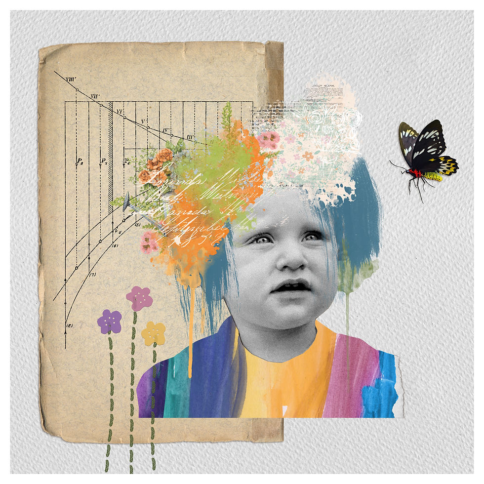 Collage of a child with colorful paint, old paper, and butterfly