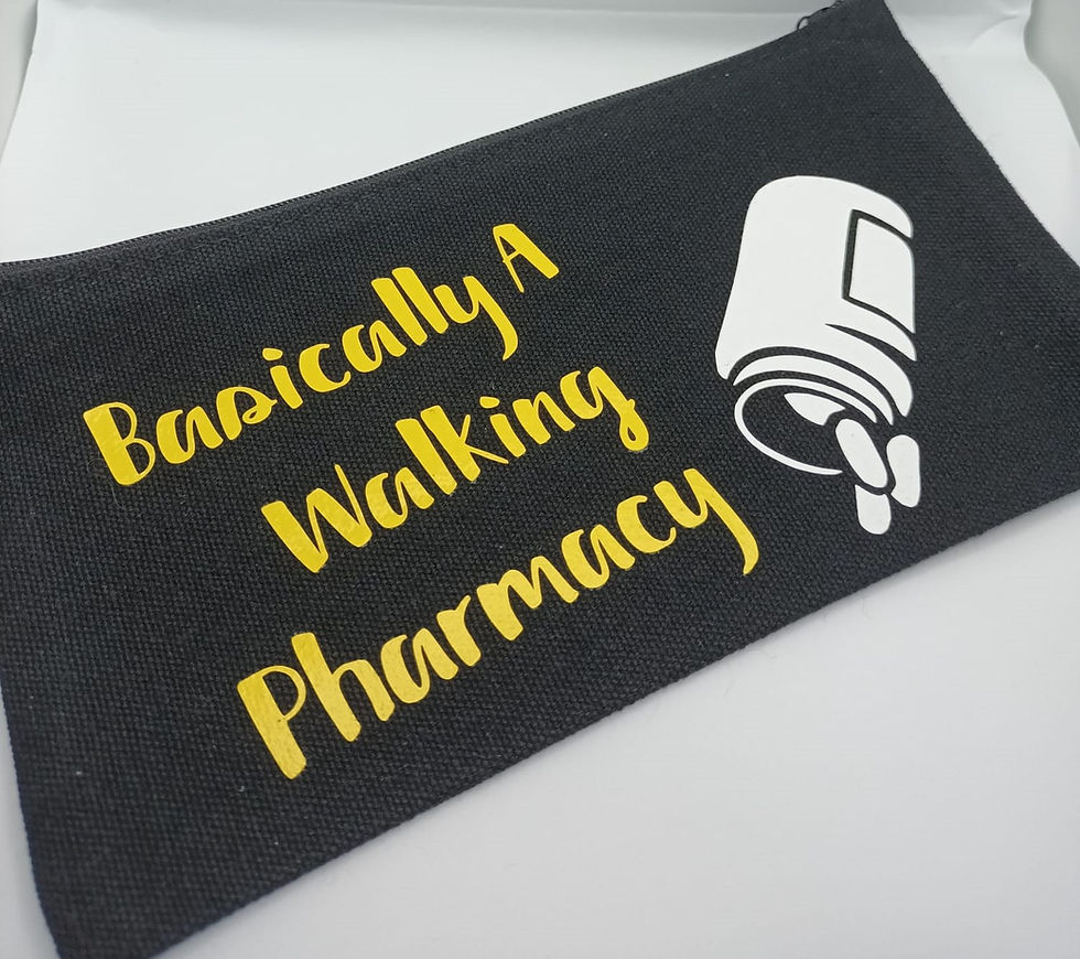 Thumbnail: black zip pouch with yellow  writing walking Pharmacy