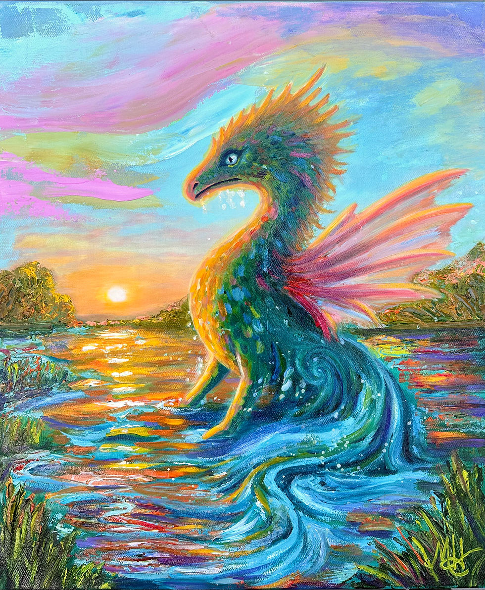 Marshlight Rising painting of mythical creature at sunset