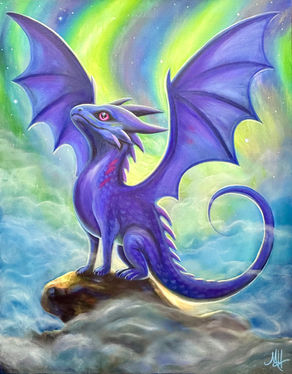 Purple dragon looking up, wings spread pointing skyward, under aurora borealis sky.