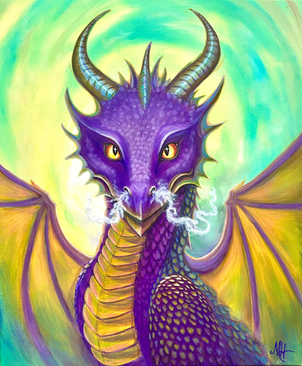 Purple dragon with yellow eyes breathing smoke