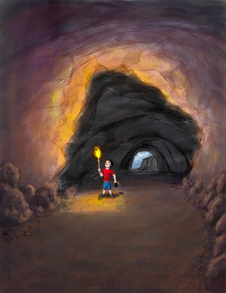 Child with torch exploring a dark cave illustration
