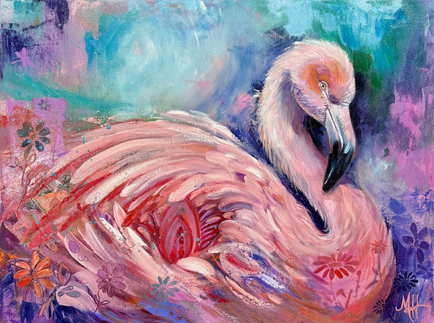 Vibrant painting of a pink flamingo