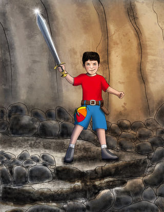 Young boy holding a shining sword in a cave