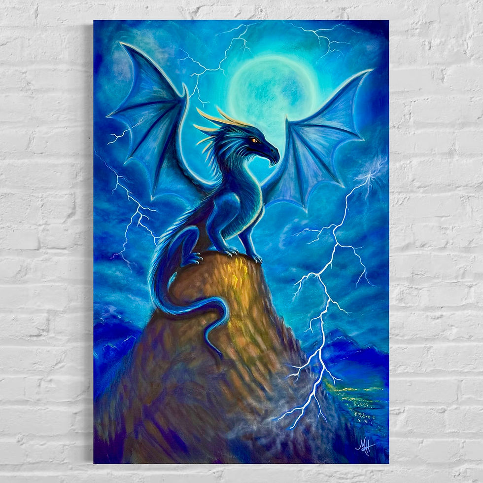 Thumbnail: Blue dragon sitting on a stormy twilight peak overlooking a town in the distance, with a large lightning bolt striking and the glowing moon in the sky