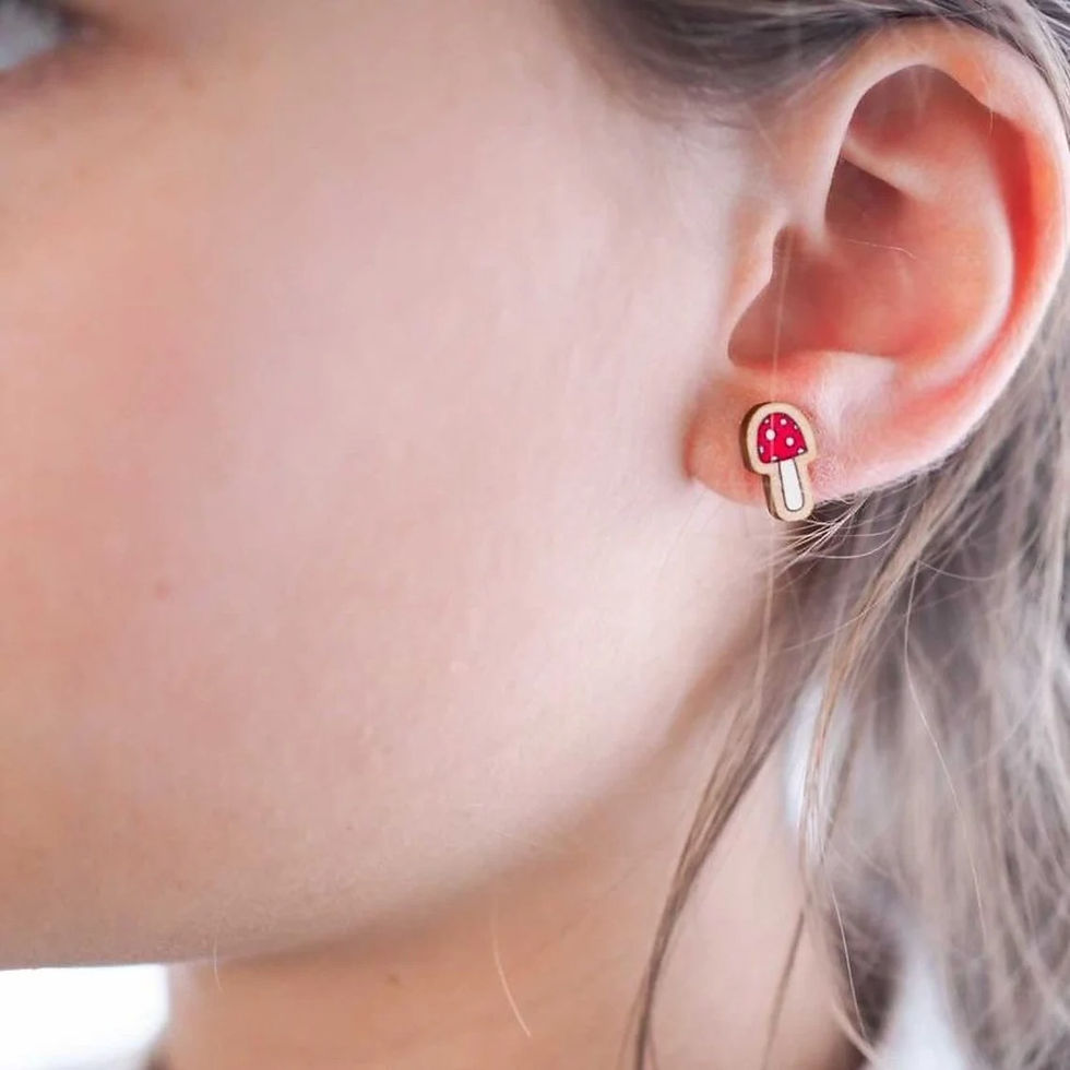 Thumbnail: flossy teacake wooden toadstool earring shown on young girls ear