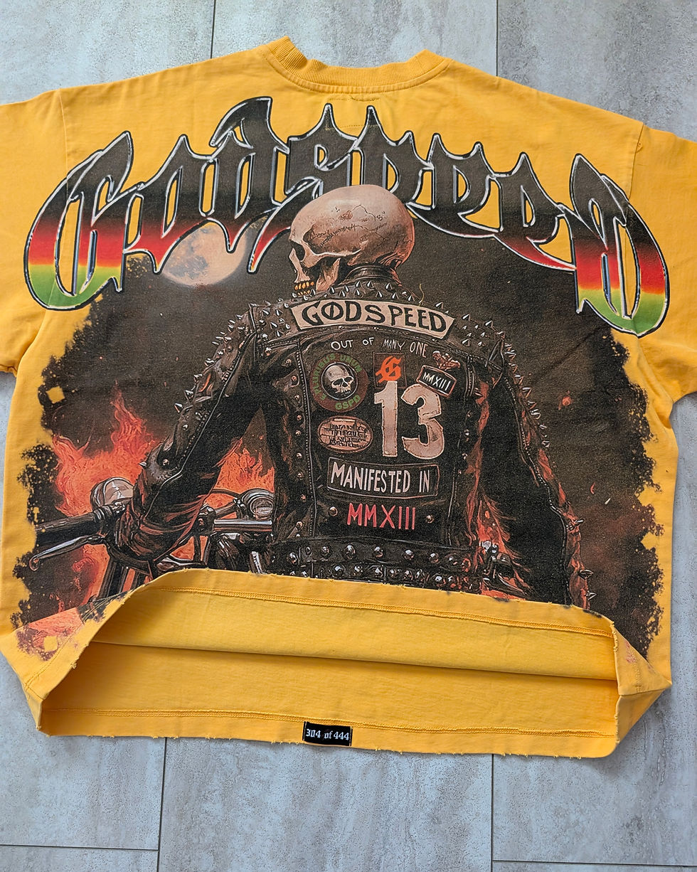 Godspeed New York Biker Nation tee in mustard yellow featuring #304/444 rarity label and raw edges.