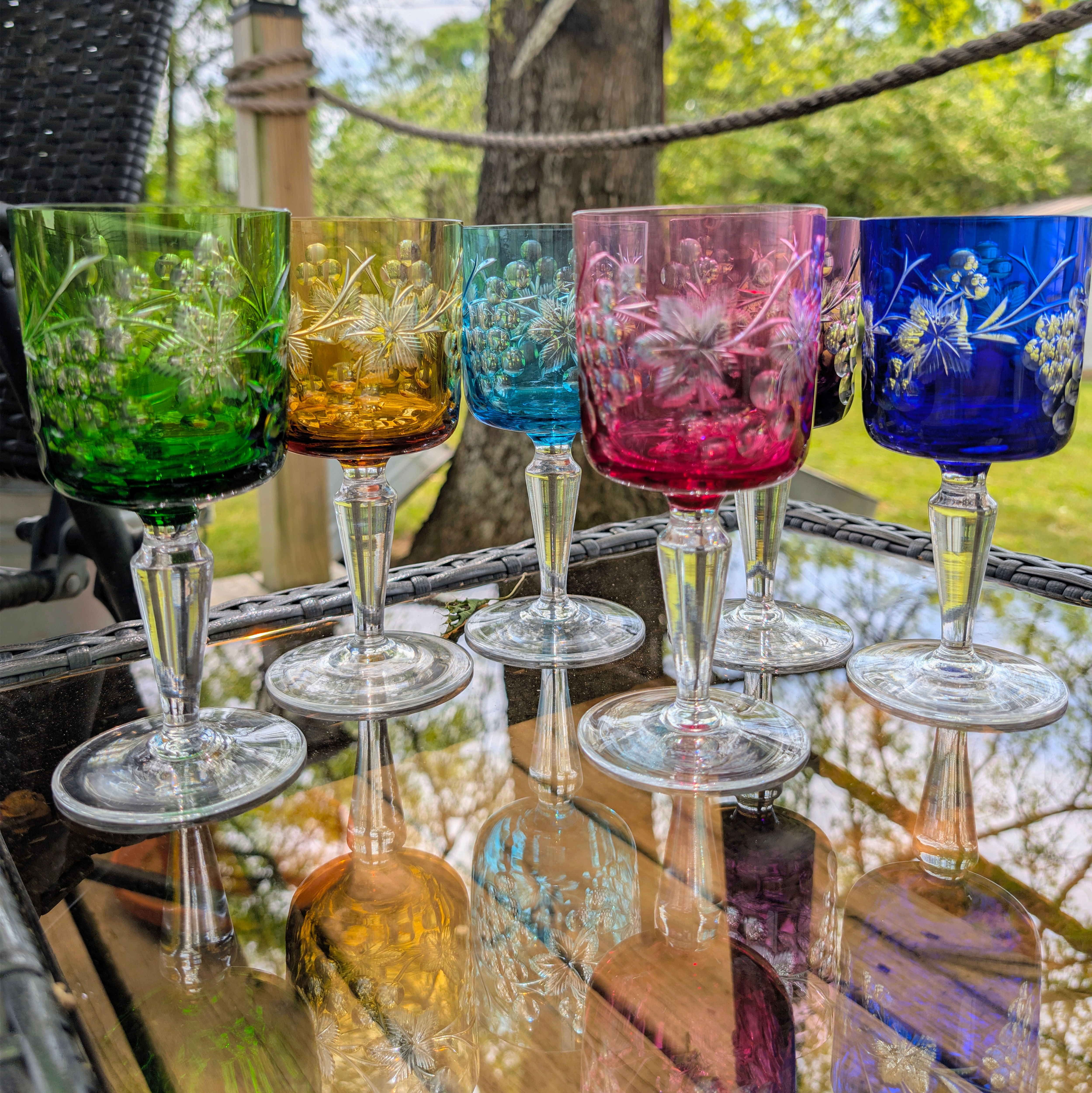 Hand-Blown Bohemian cut-to-clear crystal wine glasses rainbow set of 6