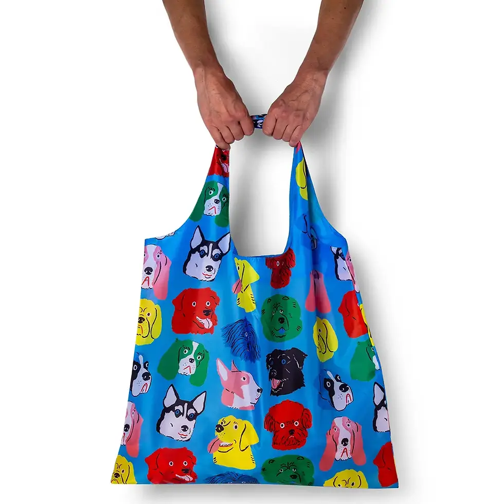 Thumbnail: Dog print reusable tote bag with colorful cartoon dogs on blue background being held to show large size
