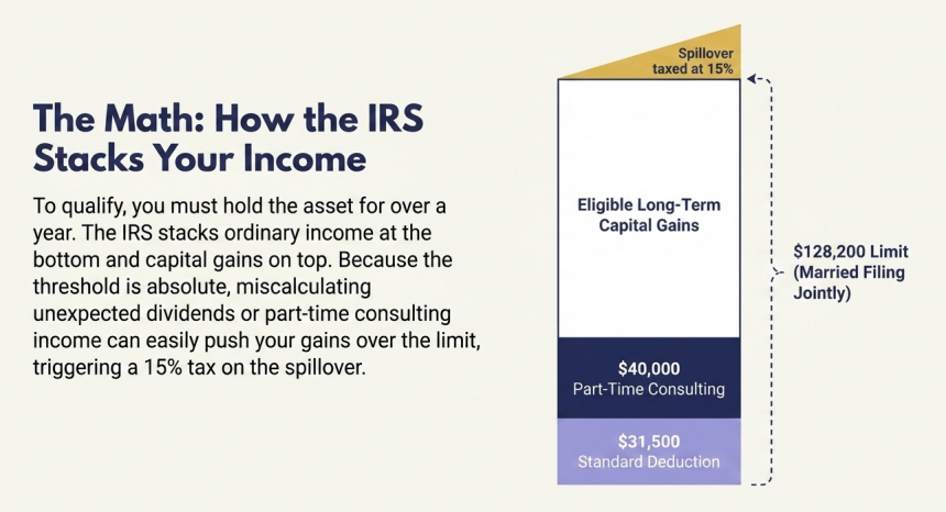 Stacked bar chart illustrating the IRS income stacking method. The key insight is that capital gains sit on top of the standard deduction and ordinary income, meaning retirees must proactively measure their non-investment income to stay under the $128,200 limit for a 0% federal tax rate.