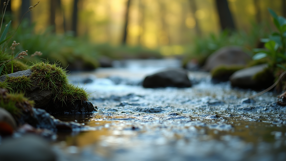 Close-up view of a serene nature scene with a flowing stream