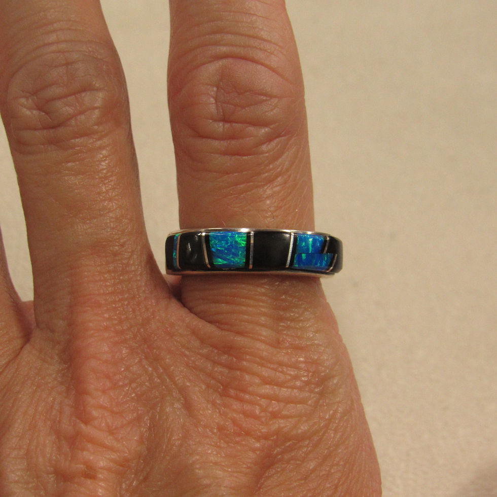 Thumbnail: *Southwest Sterling Silver Band with Inlay Jet and Lab Opal Size 9