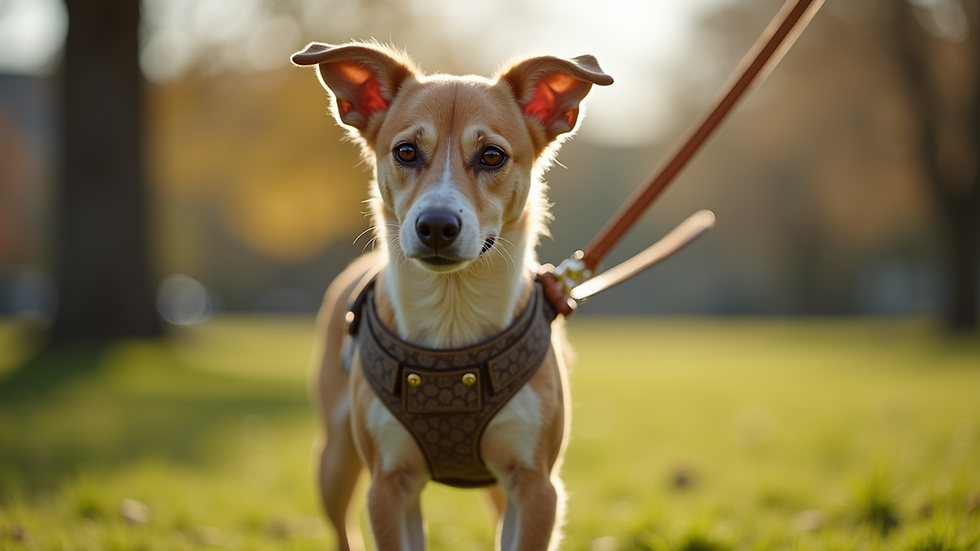Eye-level view of a dog wearing a stylish harness and leash in a park