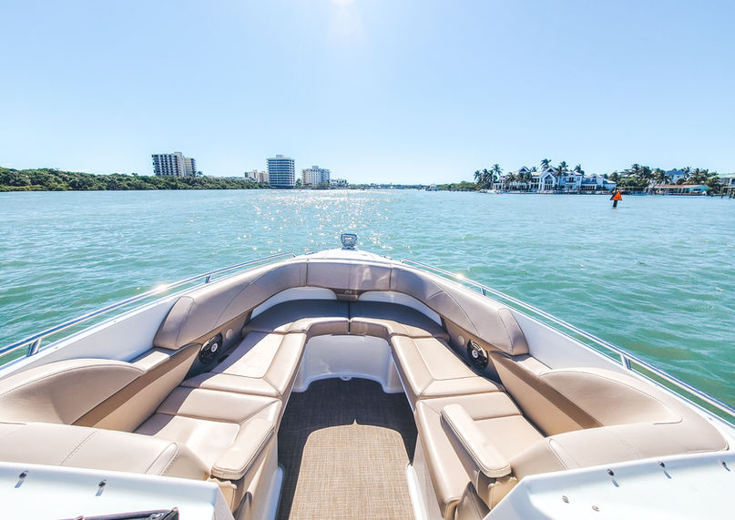 Comfortable lounge seating at the helm of our charter boat.
