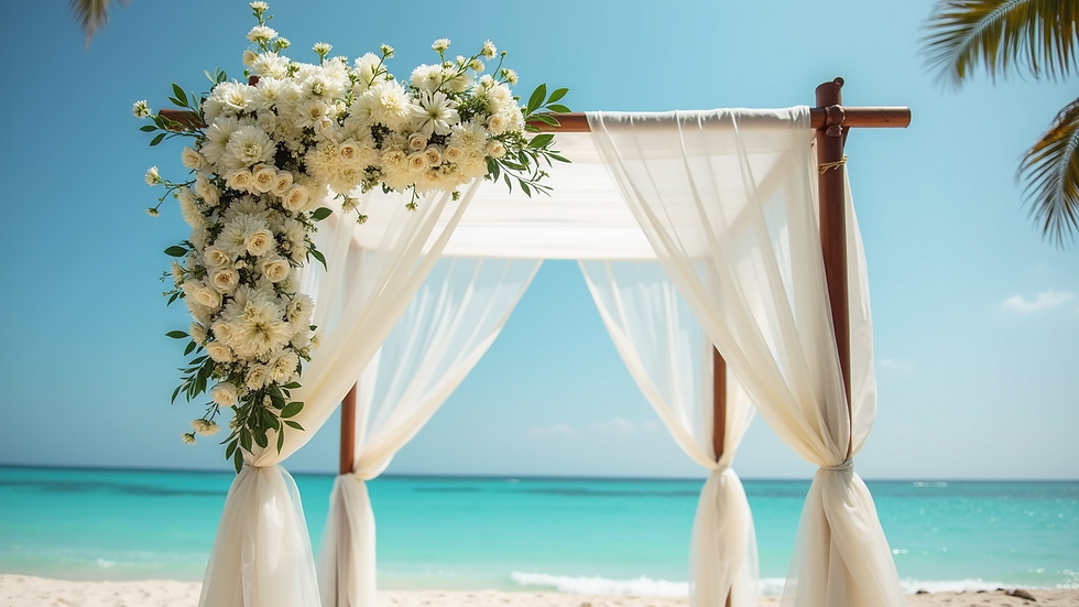 Close-up view of a wedding arch decorated with white flowers and fabric on a sandy beach
