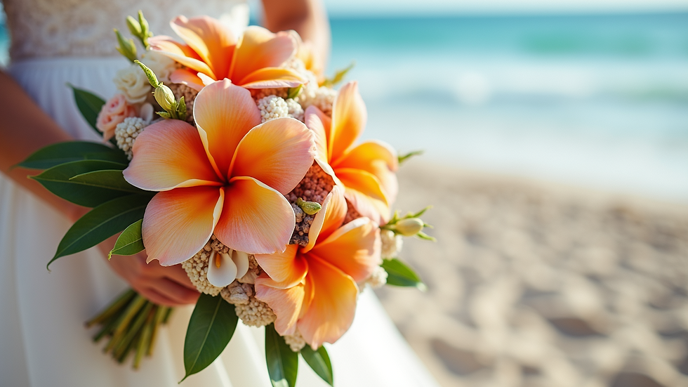 Close-up view of a beach wedding bouquet with tropical flowers and seashell accents