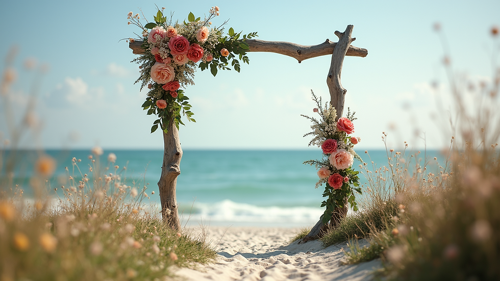Eye-level view of a wedding arch made of driftwood adorned with flowers