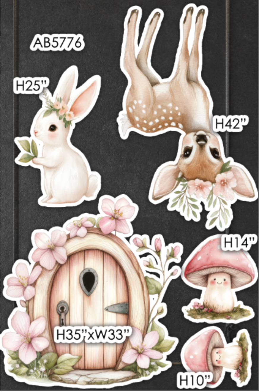 AB5776QS3 Fairies, with mushroom house door watercolor floral bunny and deer