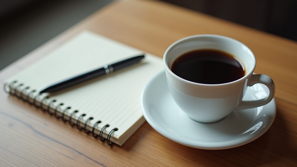 High angle view of a coffee cup next to a notebook and pen