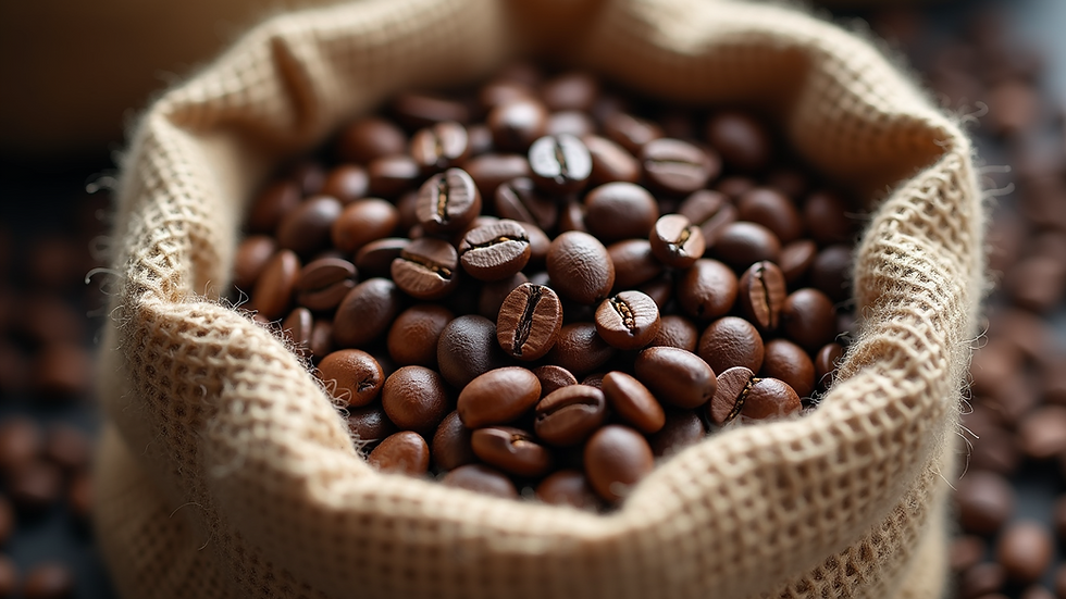 Close-up view of roasted coffee beans in a burlap sack