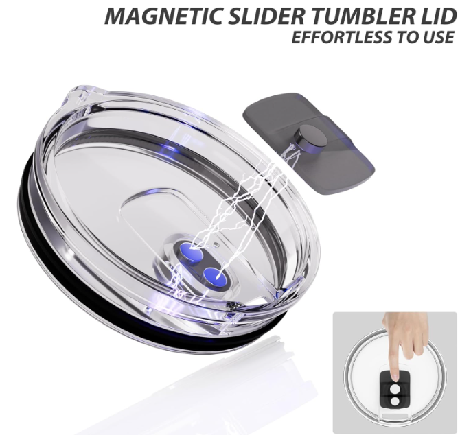 Thumbnail: Magnetic slider tumbler lid graphic showing removable slider and splash-proof seal design.