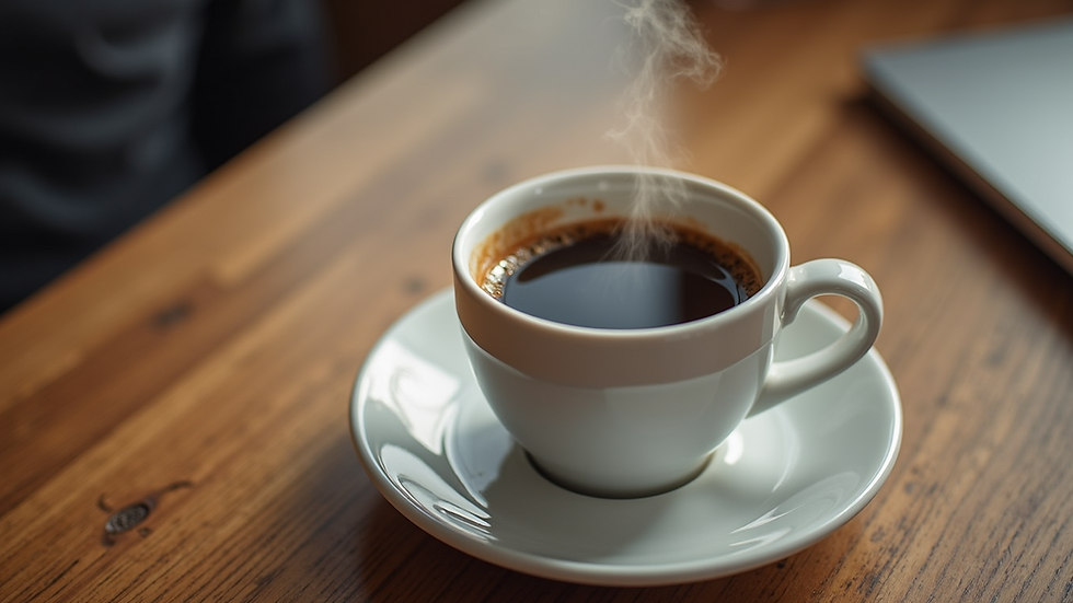 High angle view of a steaming cup of coffee on a wooden table