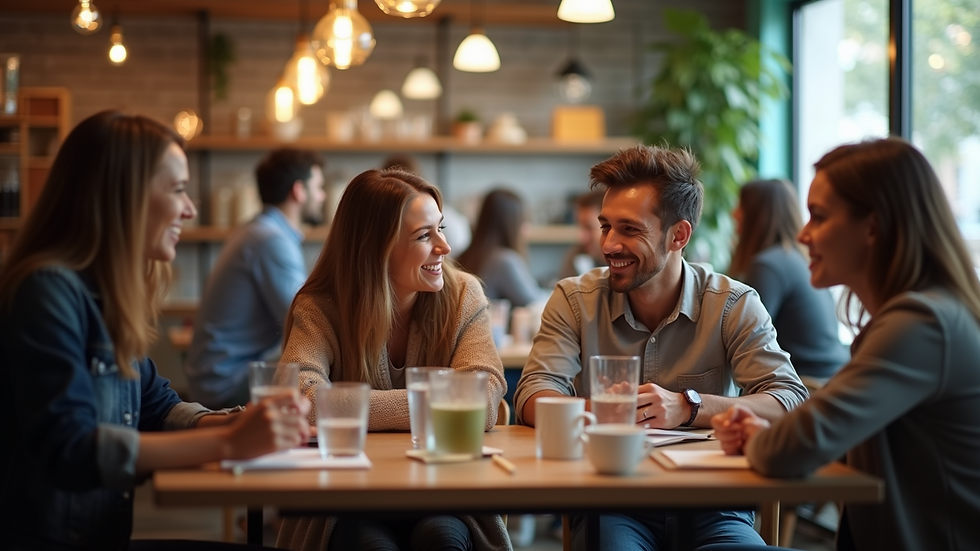 High angle view of a community event at a coffee shop with people enjoying themselves