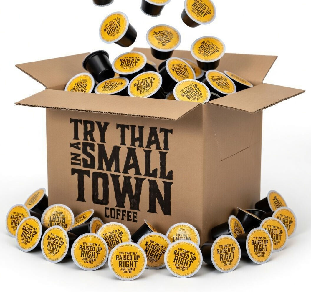 50-count variety pack of Jason Aldean Try That In A Small Town coffee pods in a brown shipping box, Keurig K-Cup compatible.