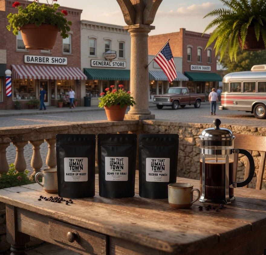 Three ‘Try That In A Small Town’ coffee sample bags on a rustic table with a French press, small-town storefronts