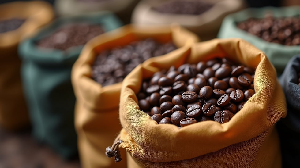 Close-up view of various coffee beans in different bags