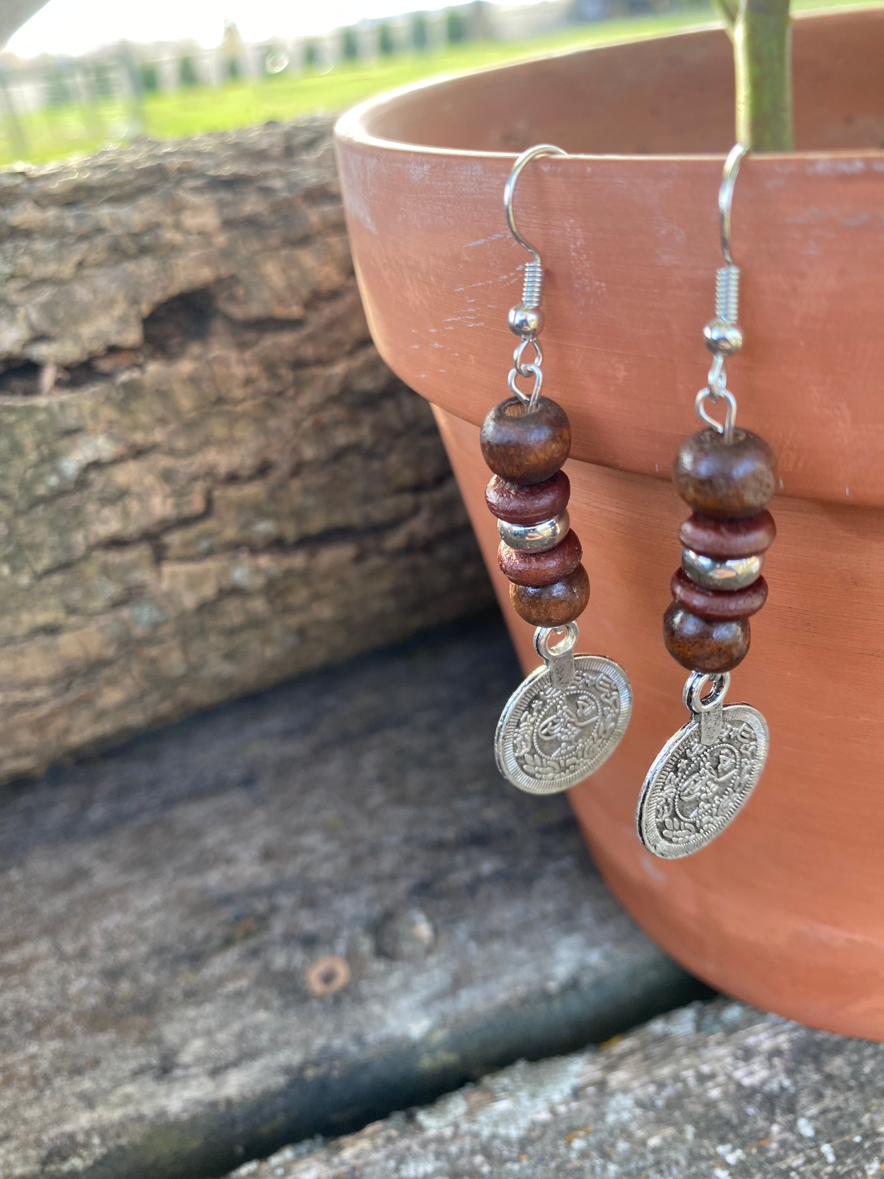 Handmade Dark Wood Gypsy Coin Earrings