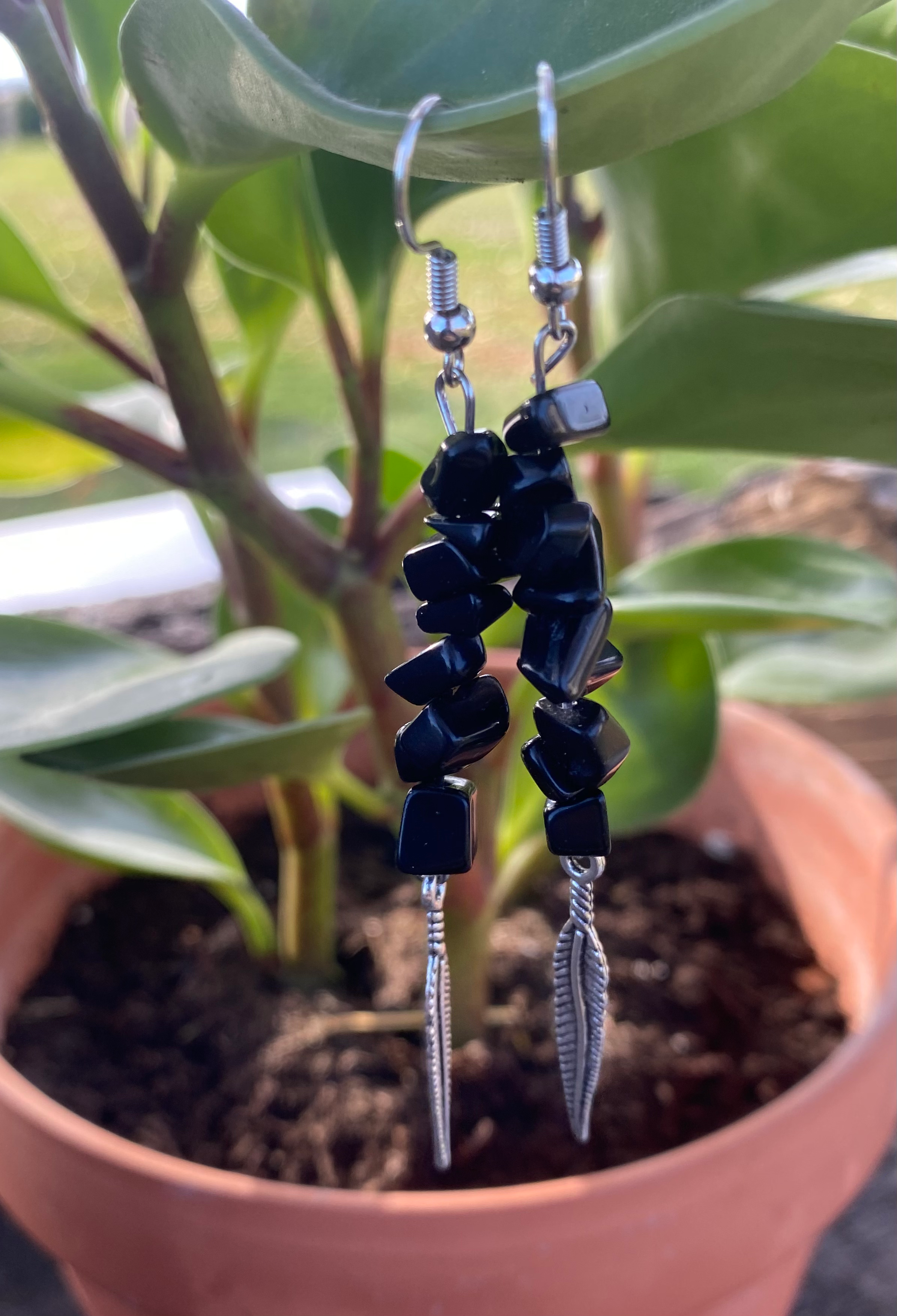 Handmade Black Beaded Silver Feather Earrings