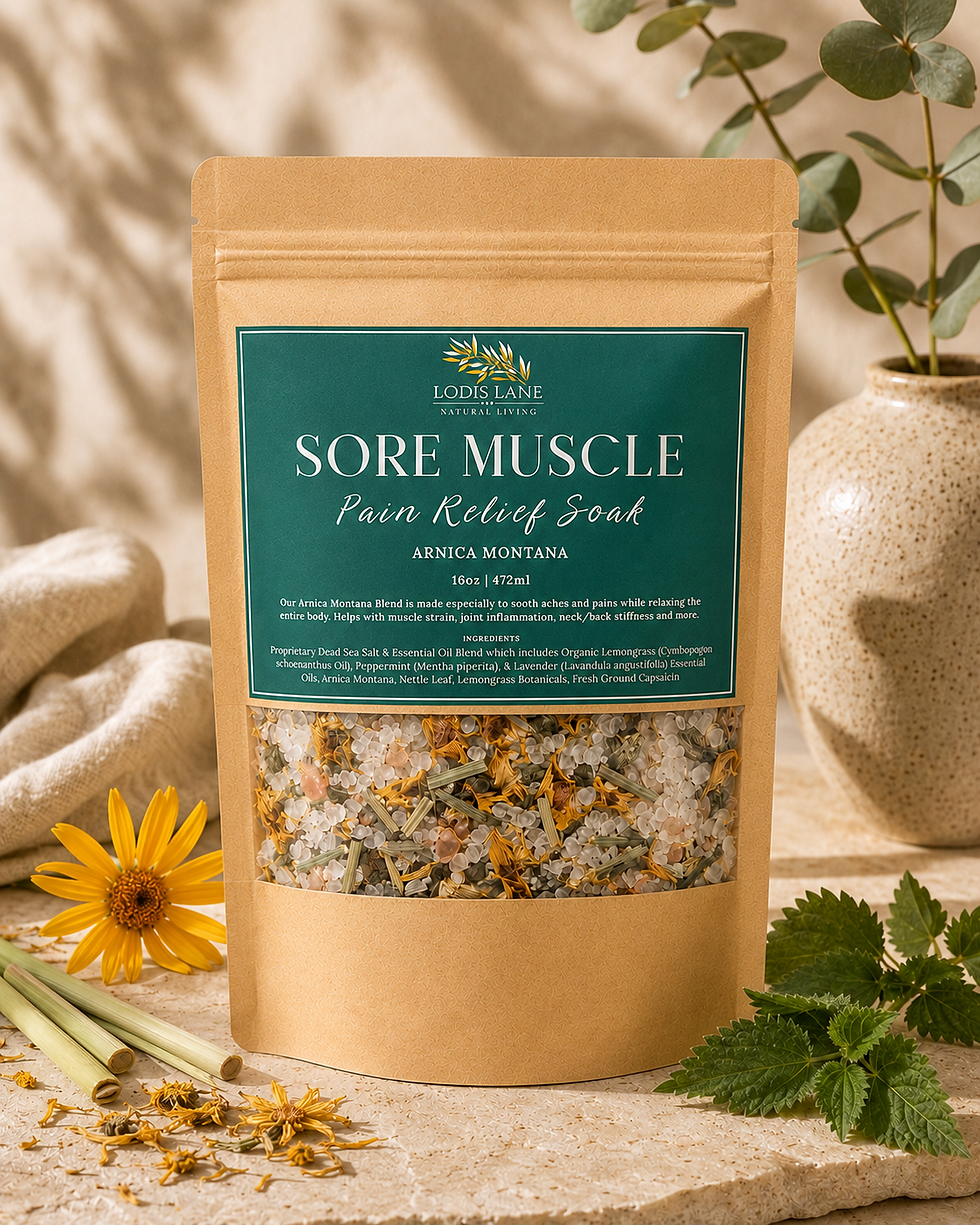 Lodis Lane Natural Living Arnica Sore Muscle Pain Relief Soak in white stand-up pouches with botanical green labels